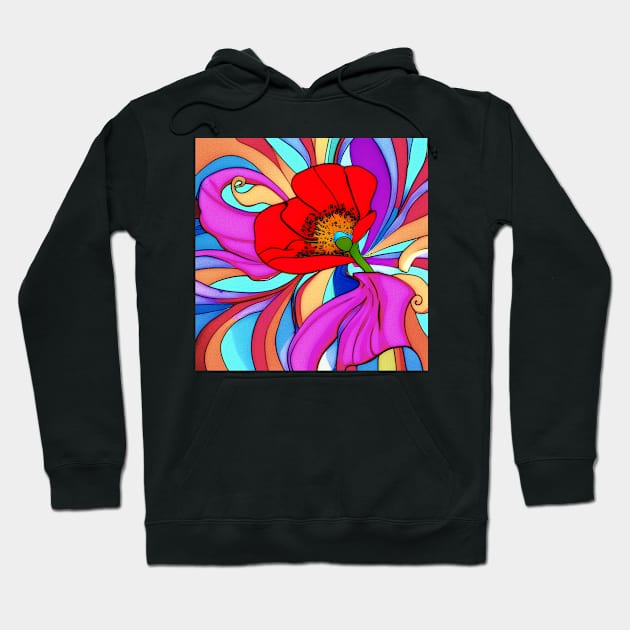 70s Style Red Poppy Flower Digital Abstract (MD23Mrl019) Hoodie by Maikell Designs